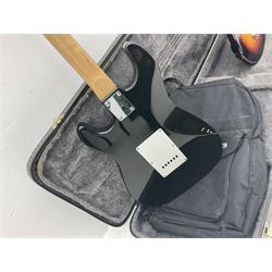 Fender style sunburst electric guitar with manuscript mark 'Zenta Stratocaster 1963' L97cm; in hard carrying case; another similar unmarked sunburst electric guitar; in gig bag; and Fender Frontman Amplifier, serial no.M473406 (3)