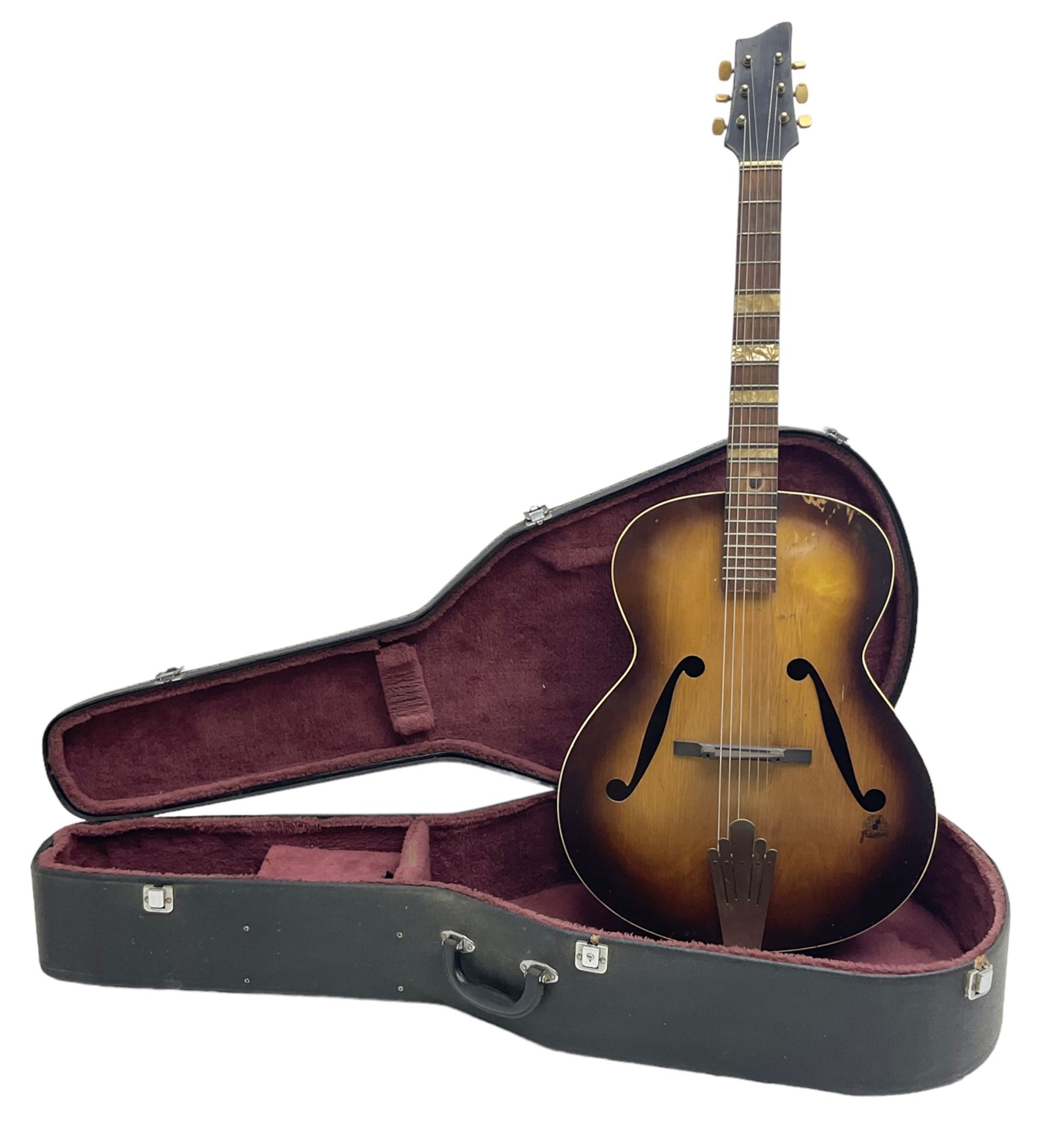 1950s Framus arch top acoustic guitar with sunburst finish and Framus logo to top, No.1937 L104cm; in hard carry case.