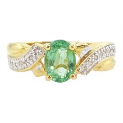 18ct gold single stone oval cut Paraiba tourmaline ring, with diamond set shoulders, hallm...