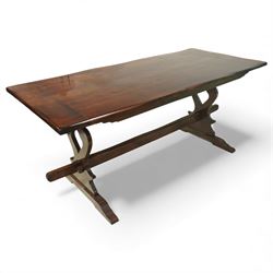 20th century French style yew wood refectory table, the rectangular plank top with moulded...