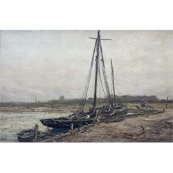 Owen Bowen (Staithes Group 1873-1967): Barges at the Riverside, oil on canvas signed and dated 1909, 40cm x 60cm