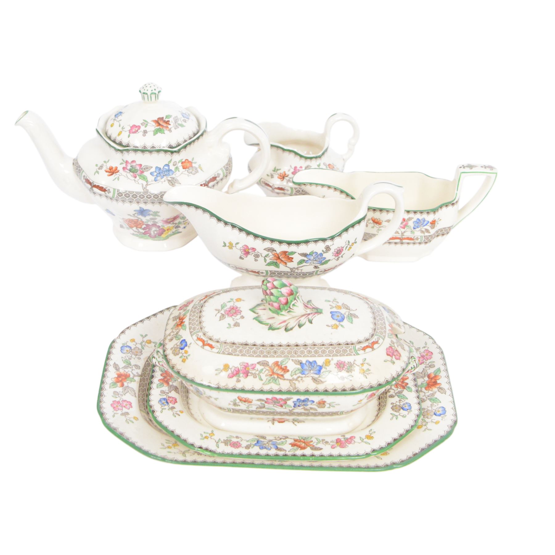 Spode Chinese Rose dinner service, including fourteen dinner plates, twelve side plates, teapot, milk jug, covered butter dish, serving platters etc 