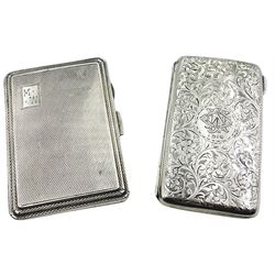 1930's silver cigarette case, with engine turned decoration, engraved rectangular panel to upper left corner and stepped edge, hallmarked John Rose, Birmingham 1937, H8.5cm, together with a further 20th century silver cigarette case, engraved with foliate scrolls and central monogramed circular panel, the interior with later purse fittings obscuring full hallmarks, H8.5cm, approximate total gross weight 3.75 ozt (116.8 grams)