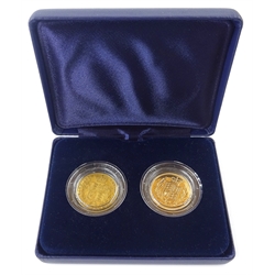 Two gold full sovereigns, Queen Victoria 1866 and Queen Elizabeth II 2002, forming 'The  Queen Victoria and Queen Elizabeth II Shield Back Sovereign Pair', cased with certificate