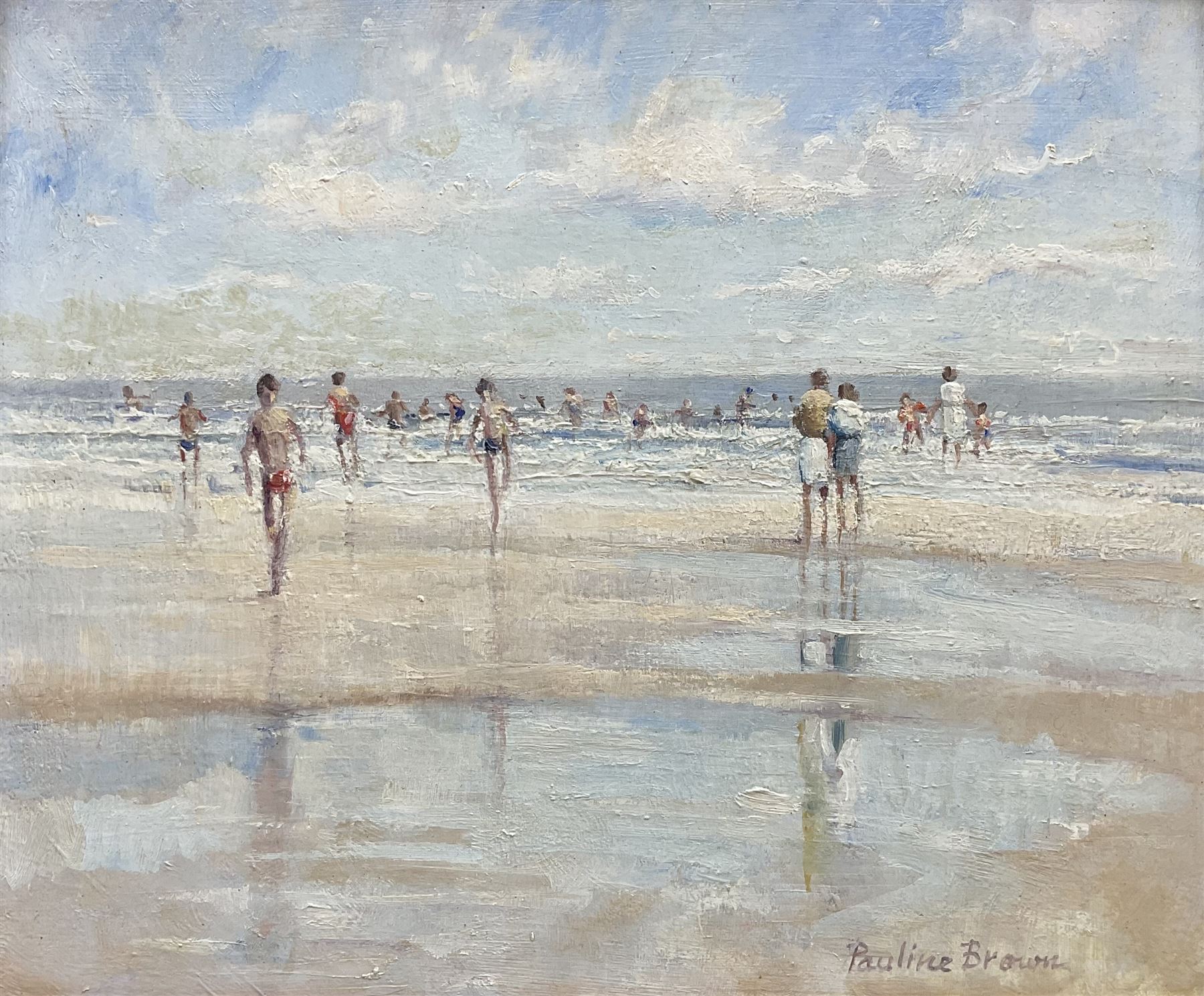 Pauline Brown (British 1926-): 'Bathers at Low Tide', oil on board signed, titled verso 24cm x 30cm