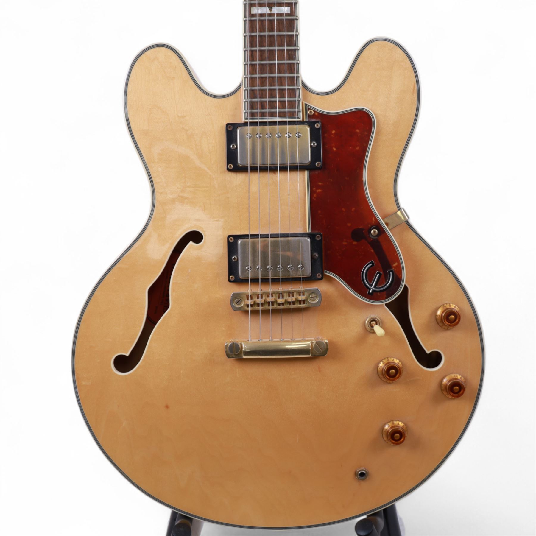 Epiphone by Gibson Sheraton semi-hollow electric guitar, serial no. S98081744 made in Korea c.1998, with natural blonde body, maple neck, fretboard with abalone and mother of pearl split block markers, with inlaid mother of pearl tree of life design and Epiphone logo to headstock, L109cm