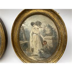 Two victorian oil paintings of birds in naturalistic settings on milk glass panels, together with two coloured etchings in gilt oval frames 