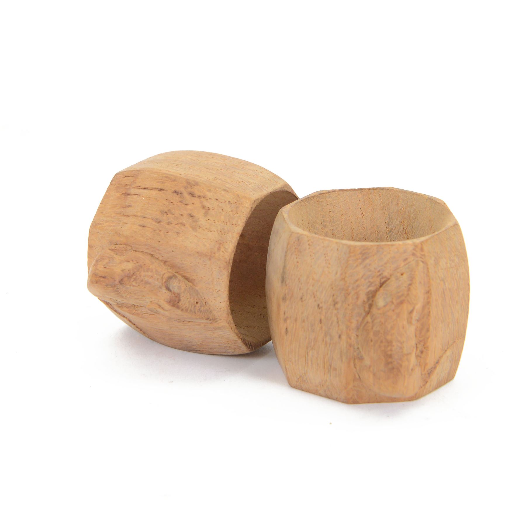 Mouseman - two oak napkin rings, bulbous octagonal form carved with mouse signature, by the workshop of Robert Thompson, Kilburn, H5cm