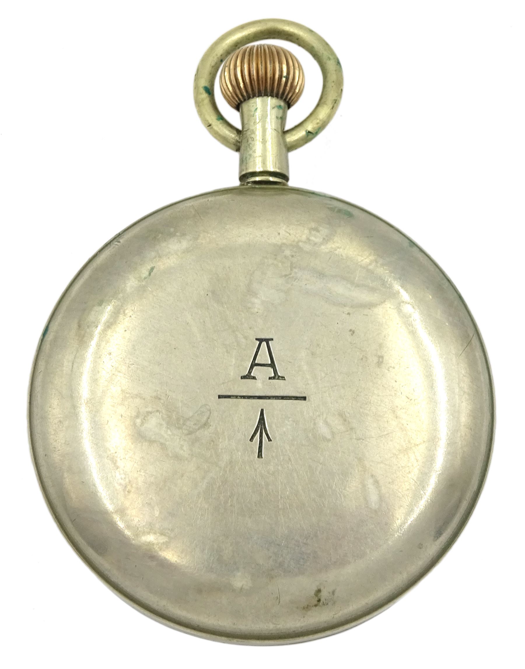 Royal Flying Corps Mark V military pocket watch by Omega, No. 5239490, black dial with Arabic numerals and subsidereary seconds dial, marked 30 hour non-luminous, B.B.7468, the case back with Broad Arrow beneath underlined A