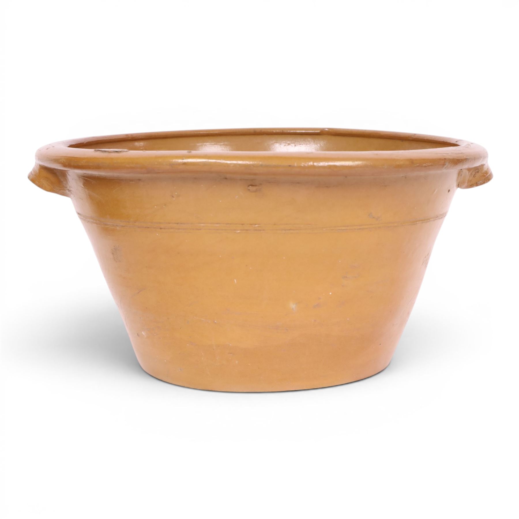19th century tan twin handled pancheon, of tapering circular form, H26cm, D51cm