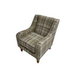 Armchair upholstered in checkered fabric, turned beech feet