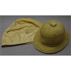  Hobson & Sons Pith Helmet, labeled for 1941, size 71/2 with Vero's Detachable & Self-Conforming Head Band  with cotton drawstring carry bag named for 150103 H M E Cardwell, R.G.G.W.F  