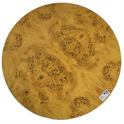 Art Deco design maple and cherry wood pedestal table, circular top with figured quarter matched veneers, mounted by chromed metal band, octagonal pedestal on circular platform base