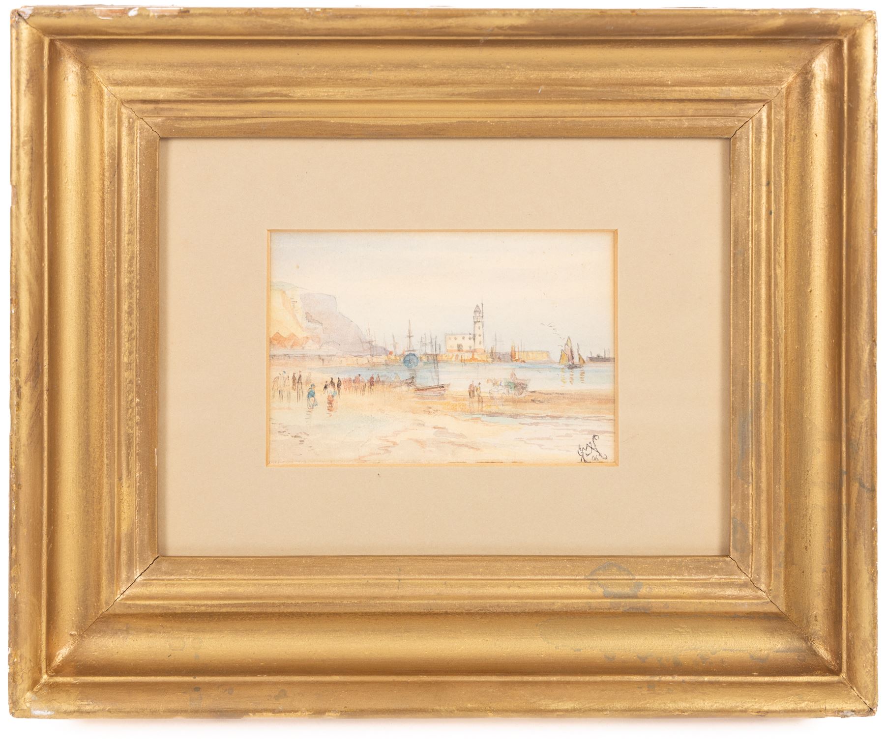 English School (19th Century): Ships at Sea, watercolour signed, in carved Florentine gilt frame, frame overall 34cm x 41cm; GWC (19th Century): Scarborough Beach, watercolour signed with monogram and dated '06, 9cm x 13cm (2)