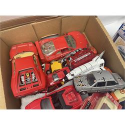 Quantity of play worn die-cast model cars, to include examples by Matchbox, Bburago, Solido etc, housed in various cases, two Bburago models of Ferraris, together with other die cast vehicles etc, in two boxes