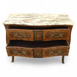 Late 18th-century Louis XV kingwood marquetry commode, rectangular top with original serpentine Breche marble top, above two long crossbanded drawers with rococo style gilt bronze handles and escutcheons in marquetry framed panel in various woods, shaped and centered apron with gilt bronze foliate mounts, sides and drawer fronts with cube geometric marquetry design, on slender cabriole legs with gilt bronze sabots  