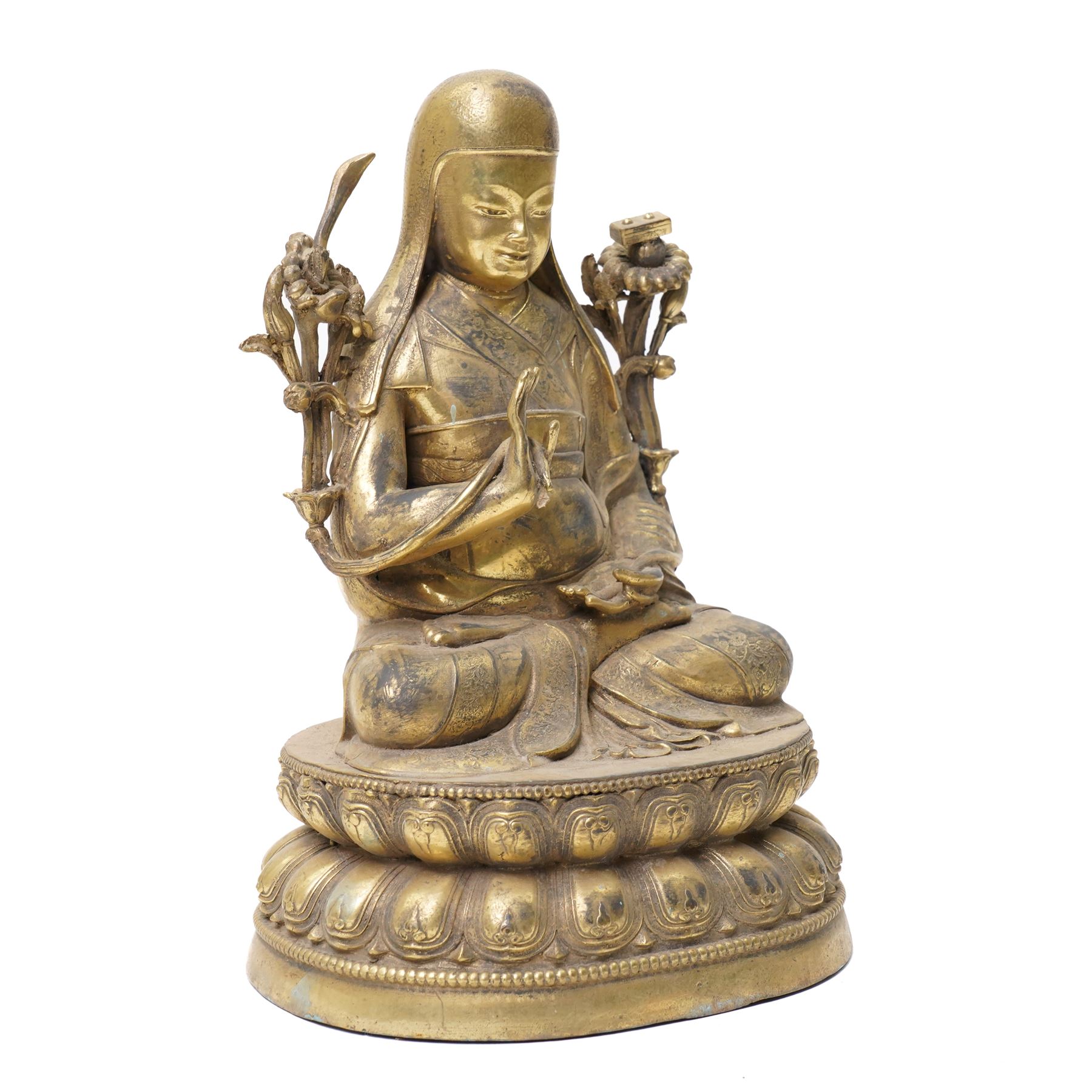 Tibeto-Chinese gilt bronze Buddha or Tsongkhapa figure, H24cm  