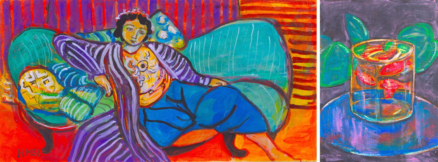 Manner of Henri Matisse (French 1869-1954): Lady Reclining and Goldfish Bowl, oil on panel and gouache on card bearing signatures, max 41.5cm x 31cm (2) (unframed)