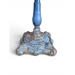 Victorian revival ornate cast iron garden table, pierced square top, pedestal base, finished in distressed blue paint