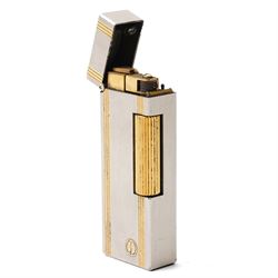 Dunhill - Rollagas lighter, silver-tone metal with gilt linear decoration and gilt ribbed thumbpiece, H6.5cm 