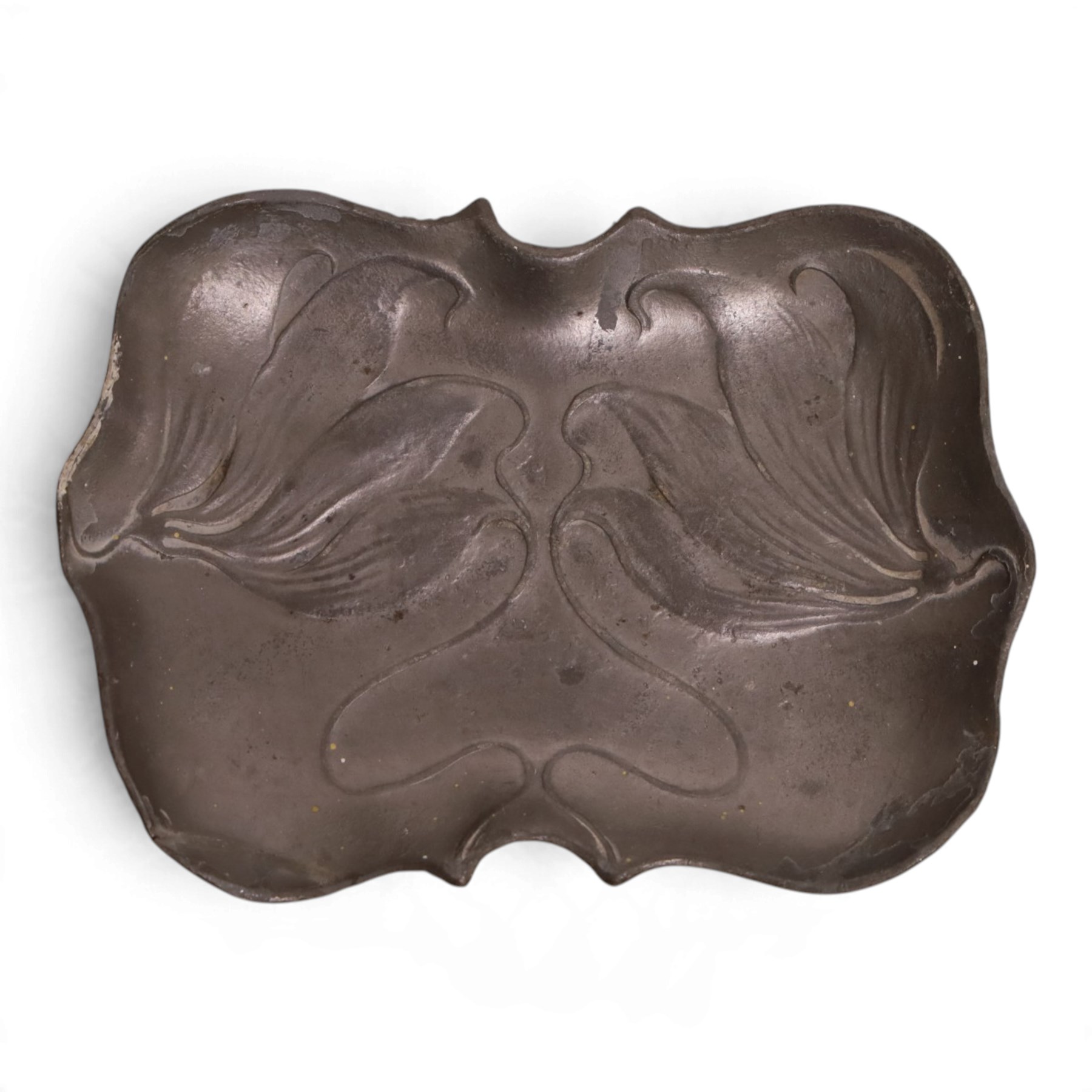 Friedrich Adler for Osiris - Jugendstil Isis pewter tray decorated with flowers, with impressed mark beneath, together with bronze letter opener and fawn figure, tray L13cm