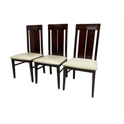 Large American walnut rectangular dining table on square block supports, together with set eight high back dining chairs with cream upholstered seats, the top and chair backs with matching inlaid geometric banding