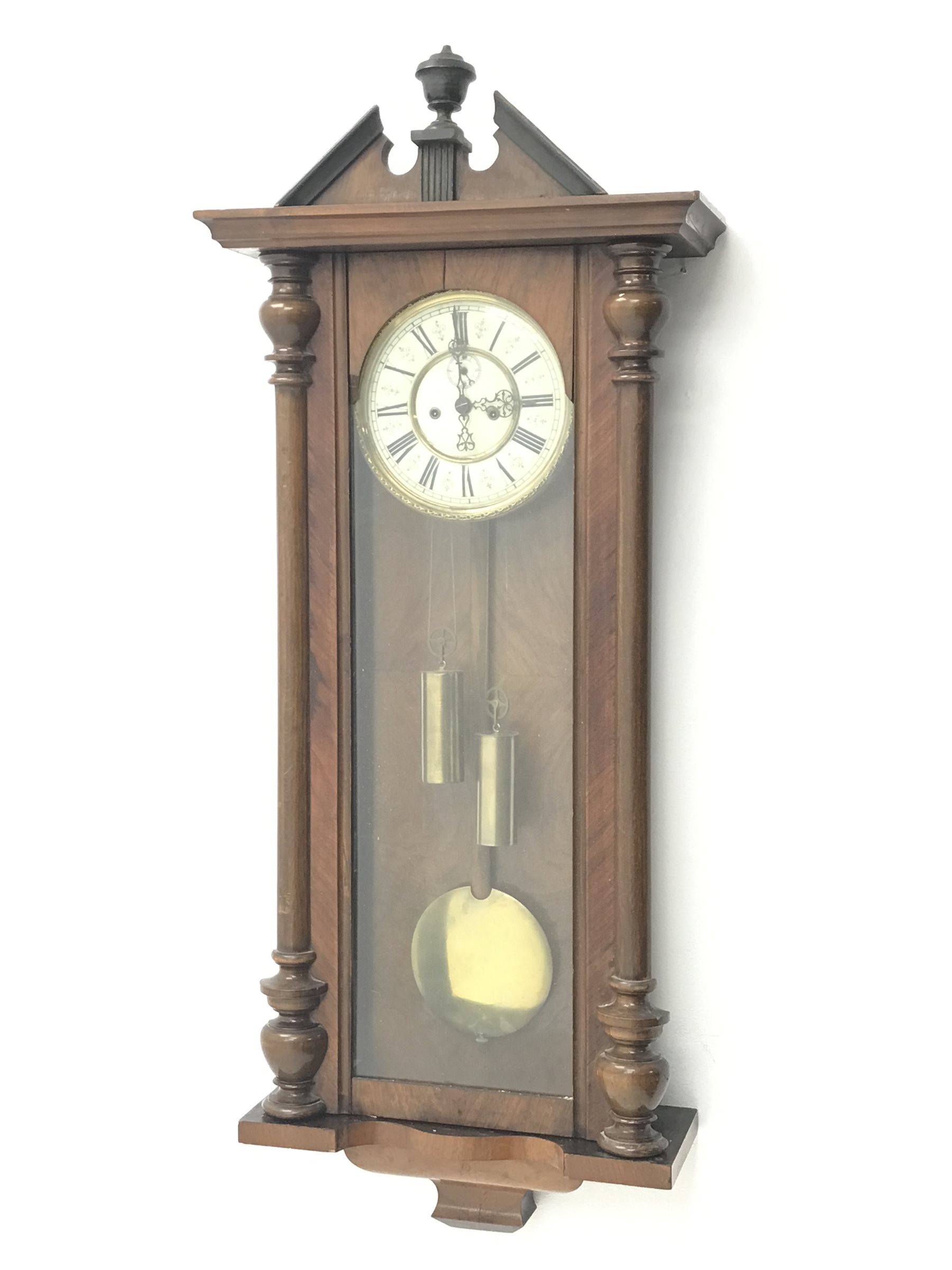 Late 19th century Vienna type wall clock, walnut and beech cased, eight day movement striking the hours and half on coil, H107cm (two weights and pendulum)