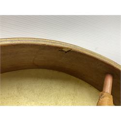 Dulcet eight-string banjo mandolin with mother-of-pearl inlaid ebonised fingerboard L55.5cm; cased; and Irish mahogany bodhran hand drum with inlaid stringing and vellum top D46.5cm; in soft carrying case with double ended beater (2)