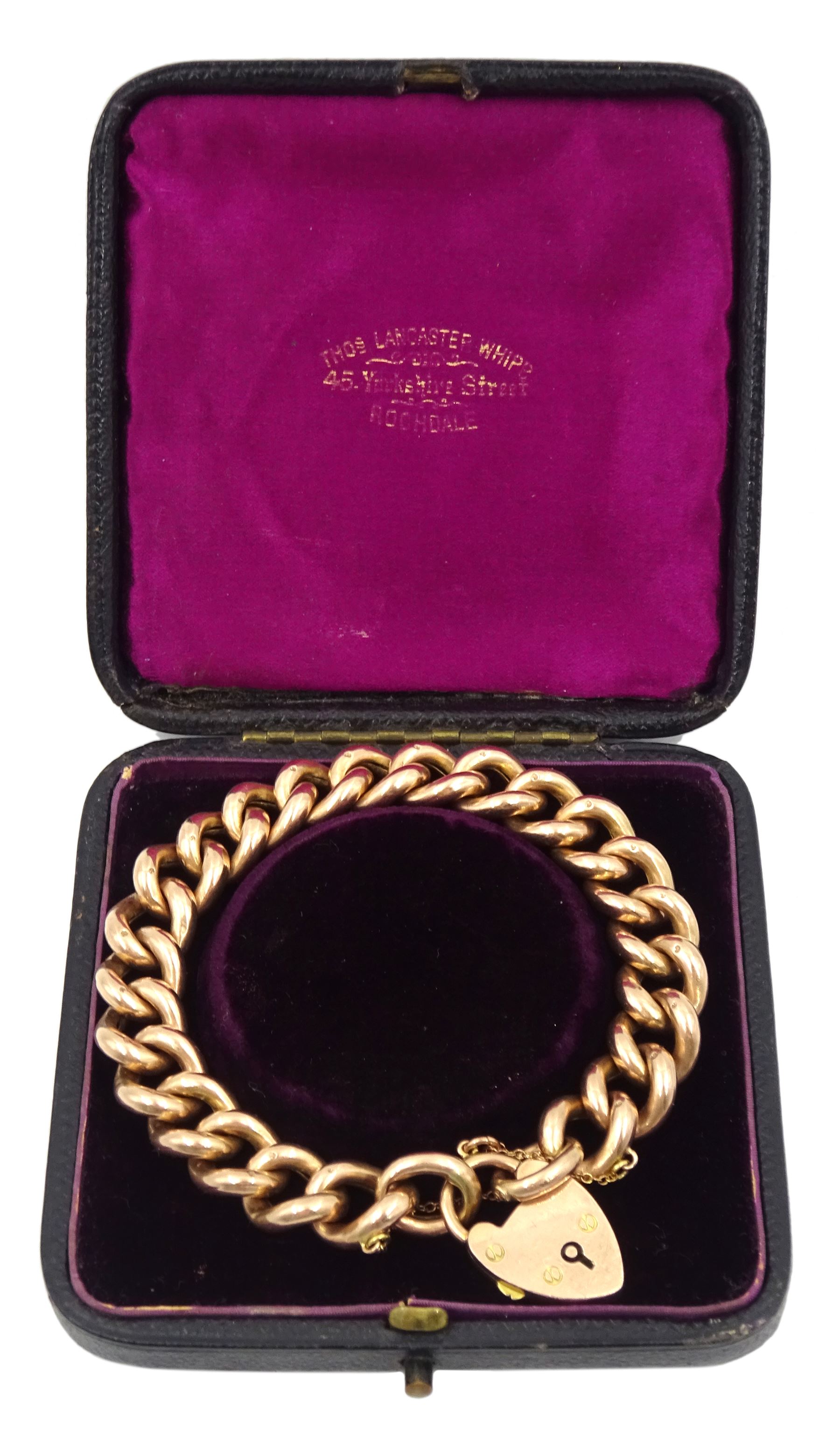 Early 20th century 9ct rose gold curb link bracelet, with heart locket clasp, maker's mark HC&S, each link stamped 9, in original silk and velvet lined box