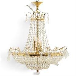 Art Deco style set of two chandeliers, brass and beaded glass, (H 60cm, Di 60cm) (H 75cm, Di 62cm) 