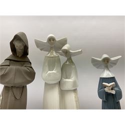 Three Lladro figures of nuns comprising Prayerful Moment no. 5500, Time to Sew no. 5501 and Two Nuns model no. 4611, together with figure of a monk no. 2060, and further Lladro bell figure