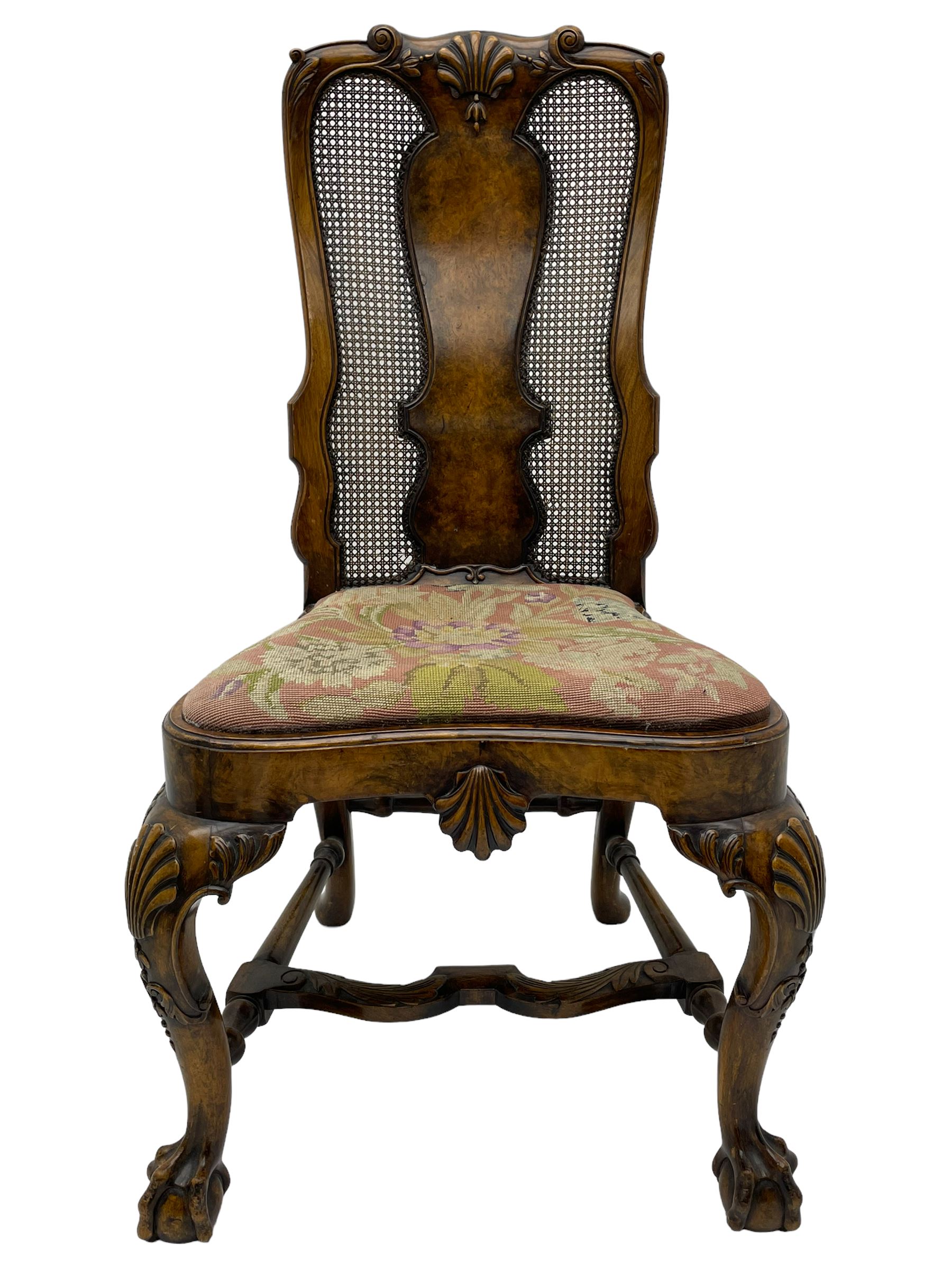 Pair of early 20th century Queen Anne design chairs, the cresting rail carved with scroll and central shell motif, shaped uprights and splat encased in cane work panels, shaped moulded seat frame with shell motif, floral needlework upholstered drop-in seat cushion, on shell carved cabriole supports with ball and claw feet, united by turned and shaped middle stretcher carved with acanthus leaf