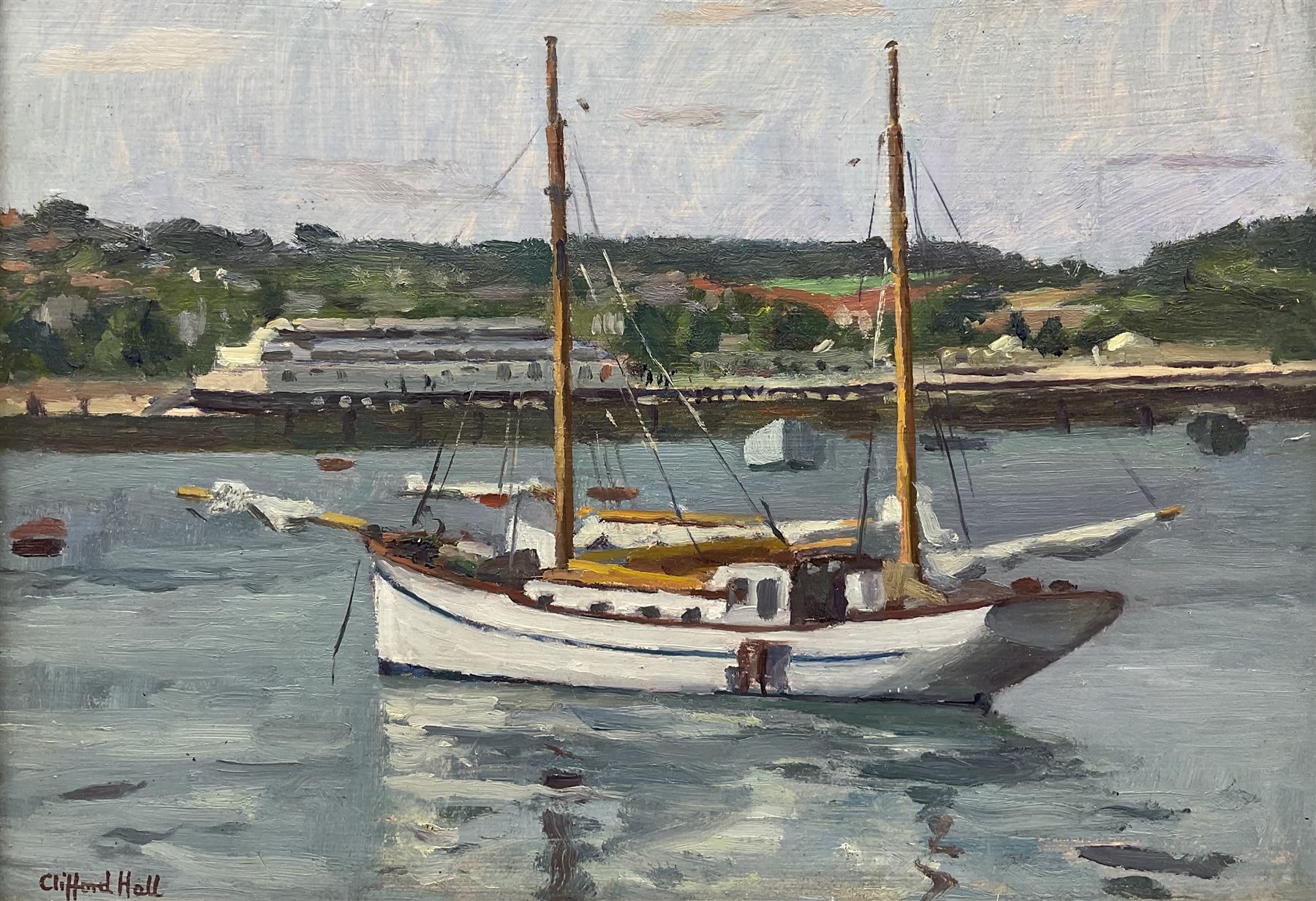 Clifford Hall (British 1904-1973): Yatch in the Harbour, oil on board signed 24cm x 34cm 