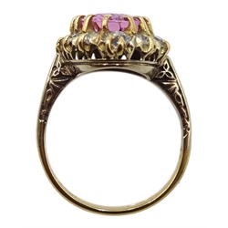 Early-mid 20th century gold pink tourmaline and old cut diamond cluster ring, stamped 18ct