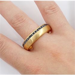 18ct brushed and polished gold gentleman's diamond ring, the band set with calibre cut black diamonds