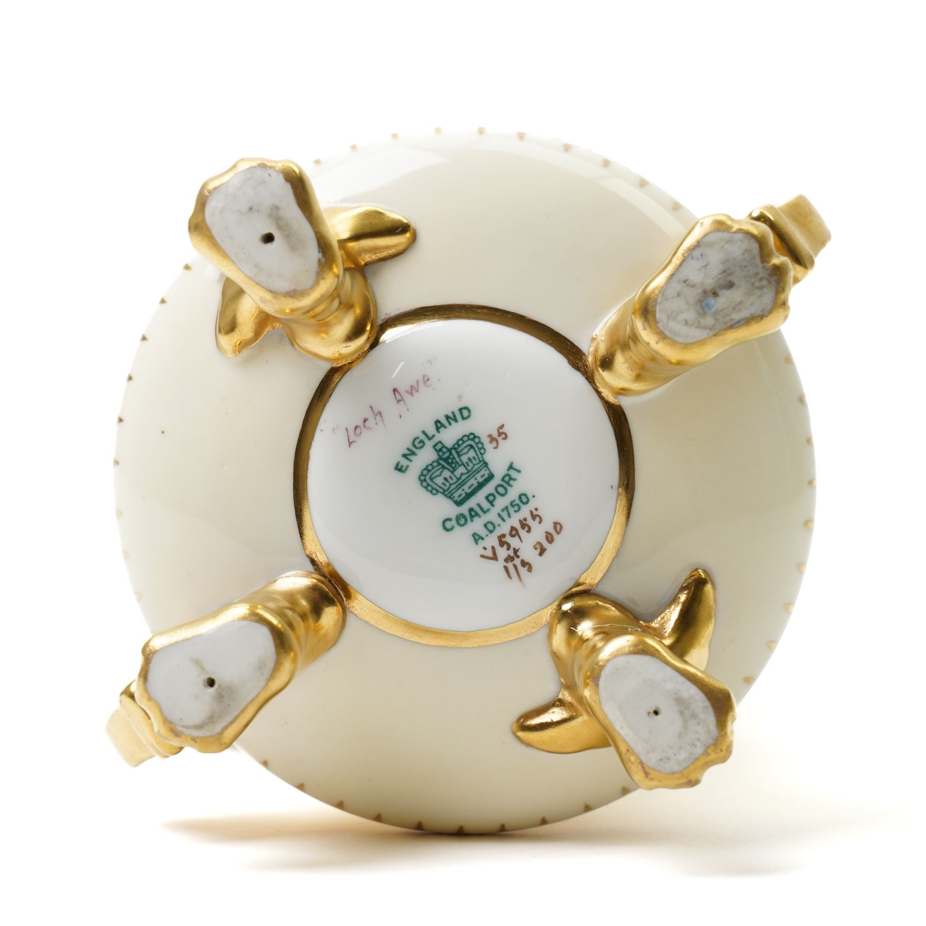 Coalport porcelain jewelled vase and cover, circa 1900, painted with a small enamel reserve of Loch Awe, printed backstamp and gilt numbered V5955, H17cm