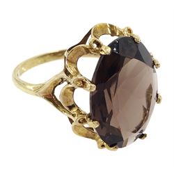 9ct gold single stone oval cut smokey quartz ring, hallmarked