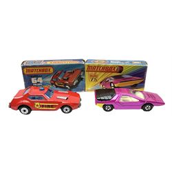 Matchbox/Superfast - nine '1-75' series models comprising 64d Fire Chief car, 65e Airport Coach, 66f Tyrone Malone Superboss, 68e Chevrolet Van, 69e Security Truck, 71e Cattle Truck, 72d Bomag Road Roller, 75c Alfa Carabo and 75e Helicopter; all boxed; and eight unboxed and playworn models (17)