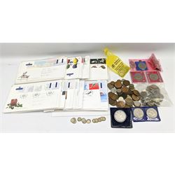 Stamps and coins including first day covers, small number of Great British pre 1947 silver threepence coins, commemorative crown etc