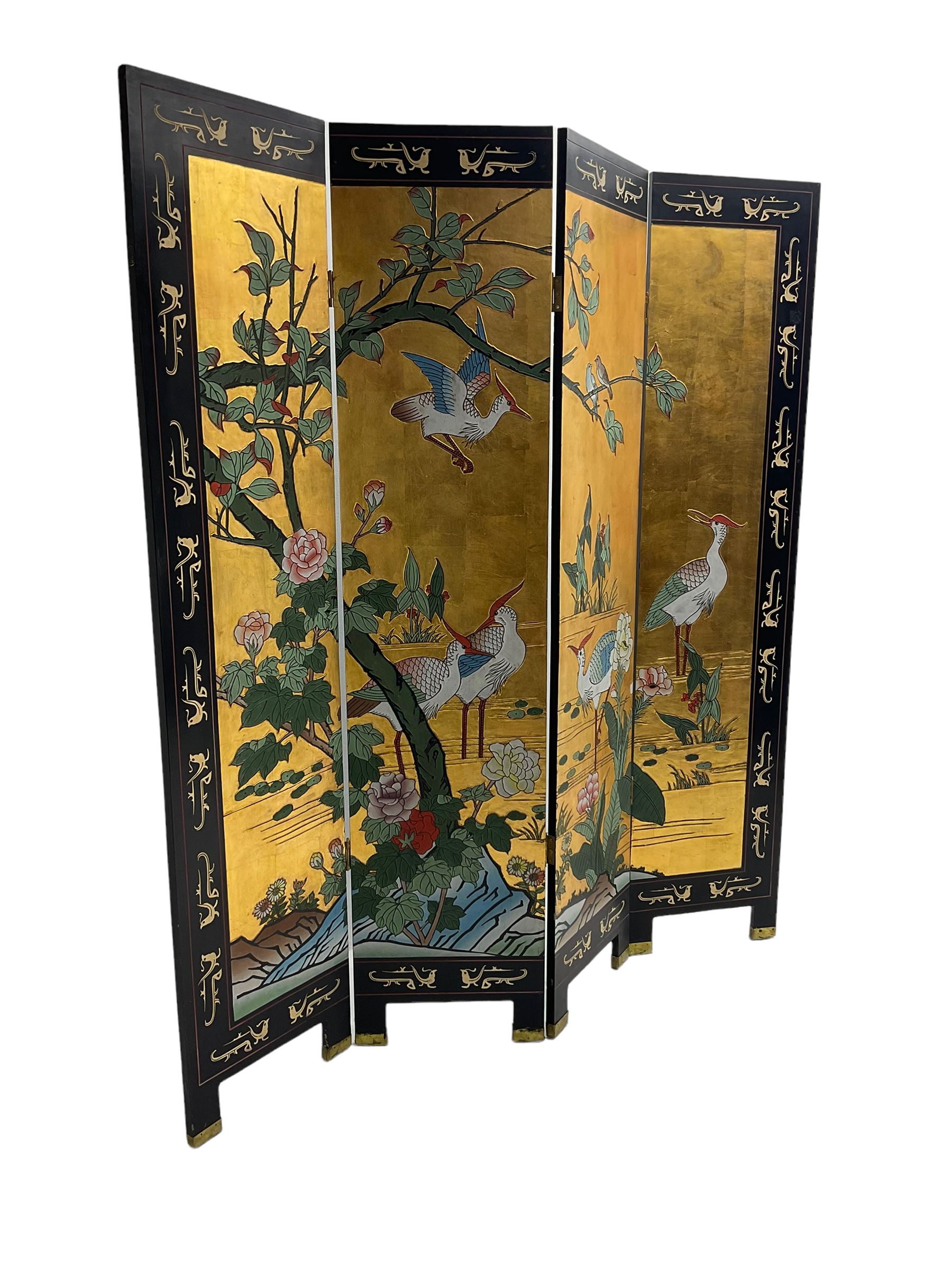 Chinese four panel folding screen, black lacquered with painted decoration