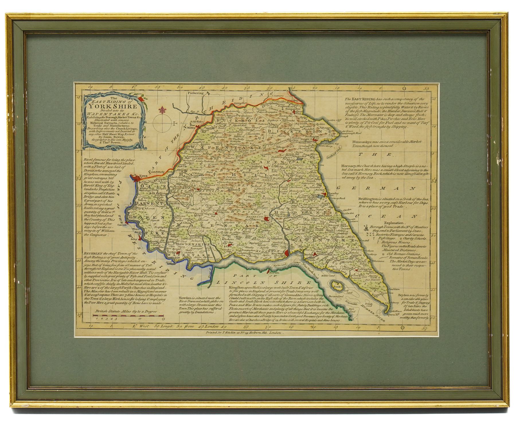 Emanuel Bowen (British 1694-1767): 'Yorkshire Divided into its Ridings' 'North Riding of Yorkshire' 'West Riding of Yorkshire' and 'East Riding of Yorkshire', set of four 18th century engraved maps with hand-colouring pub. Thomas Kitchin c.1750, 24cm x 34cm (4)