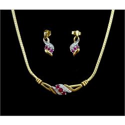 9ct gold ruby and diamond necklace and a pair of matching earrings, stamped or hallmarked