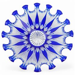 Bohemian glass bowl with blue decoration, together with a Royal Worcester blush ivory shell form bowl, marked to base, glass bowl D31cm (2)