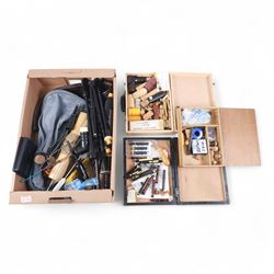 Set of late 20th century silver mounted bagpipes, the turned ebonised hardwood drone rods with Celtic knot and stipple engraved silver collars and ivorine mounts, hallmarked Bernie Leigh, Birmingham 1991, with R.G Hardie Glasgow plastic chanter and bag in green and blue Armstrong tartan, contained within a plush lined hard case, with a collection of spare reeds, drone rods, chanter, bags, cleaning accessories and other accessories 