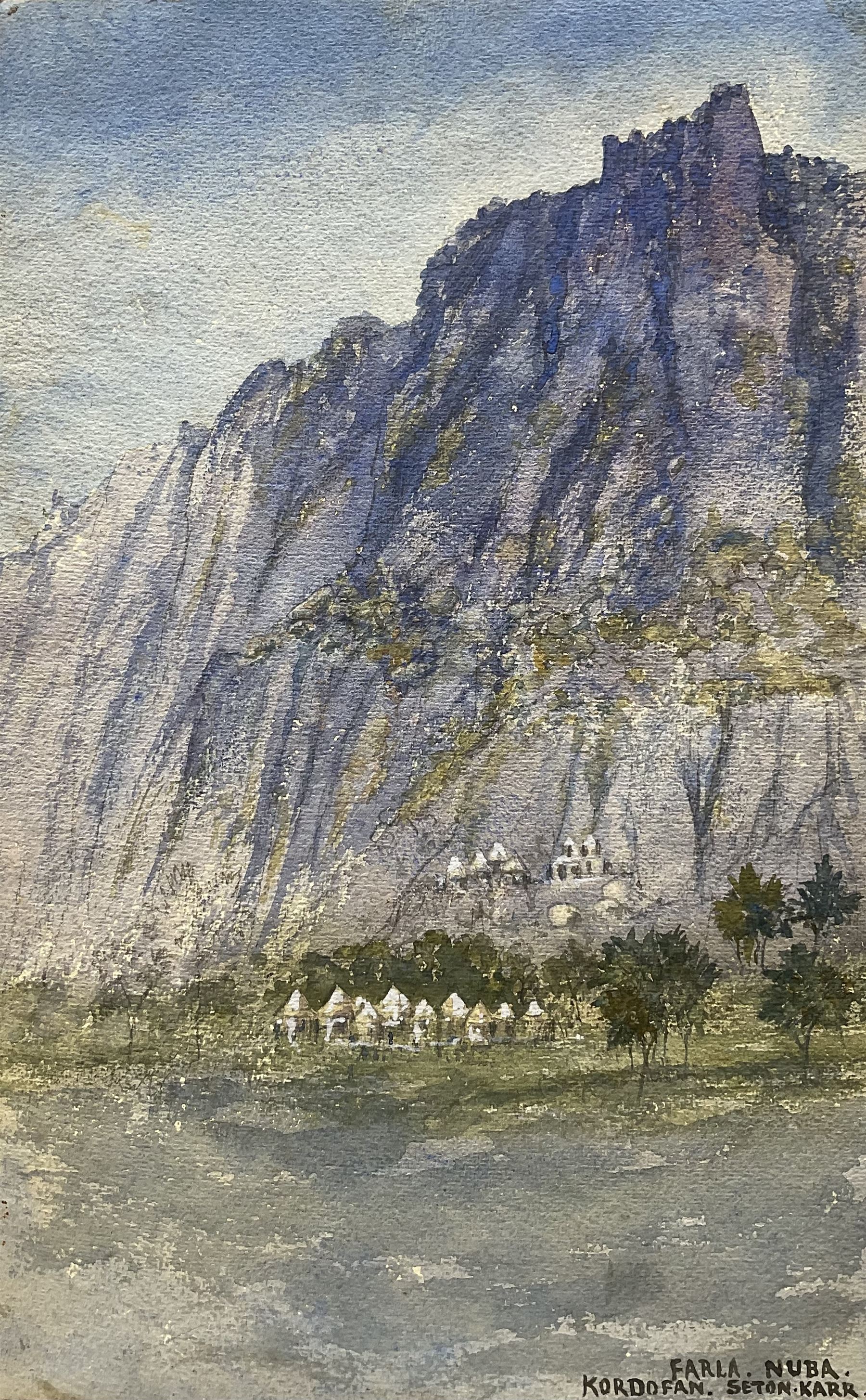 Heywood Walter Seton-Karr (British 1859–1938): 'Native Village - Kordofan, Sudan', watercolour signed and titled on mount 44cm x 28cm (unframed)