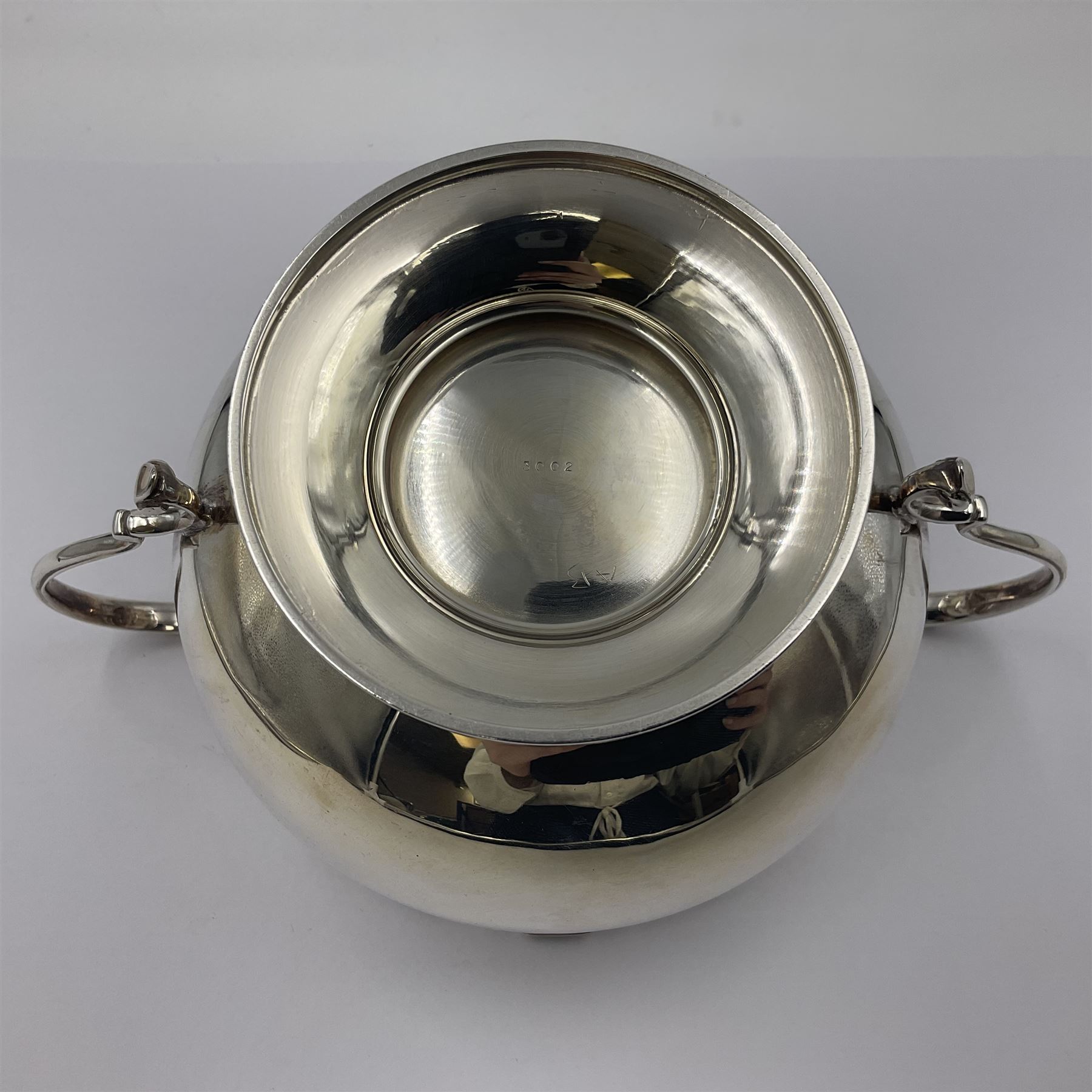 1920s five-piece silver tea service, comprising teapot, coffee pot, hot water pot, twin handled open sucrier and milk jug, each of squat circular form with shaped rim, the teapot, coffee pot and hot water pot each with ebonised handle and finial, the sucrier and milk jug with acanthus capped scroll handles, all upon circular foot, hallmarked R F Mosley & Co, Sheffield 1926 & 1927, tallest H24cm