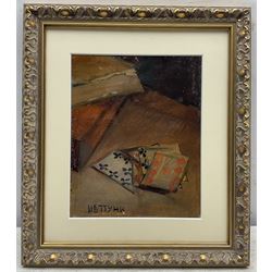 Ivan Puni (AKA Jean Pougny) (Russian 1892-1956): A Hand of Cards, oil on board signed in Cyrillic 23cm x 19cm
