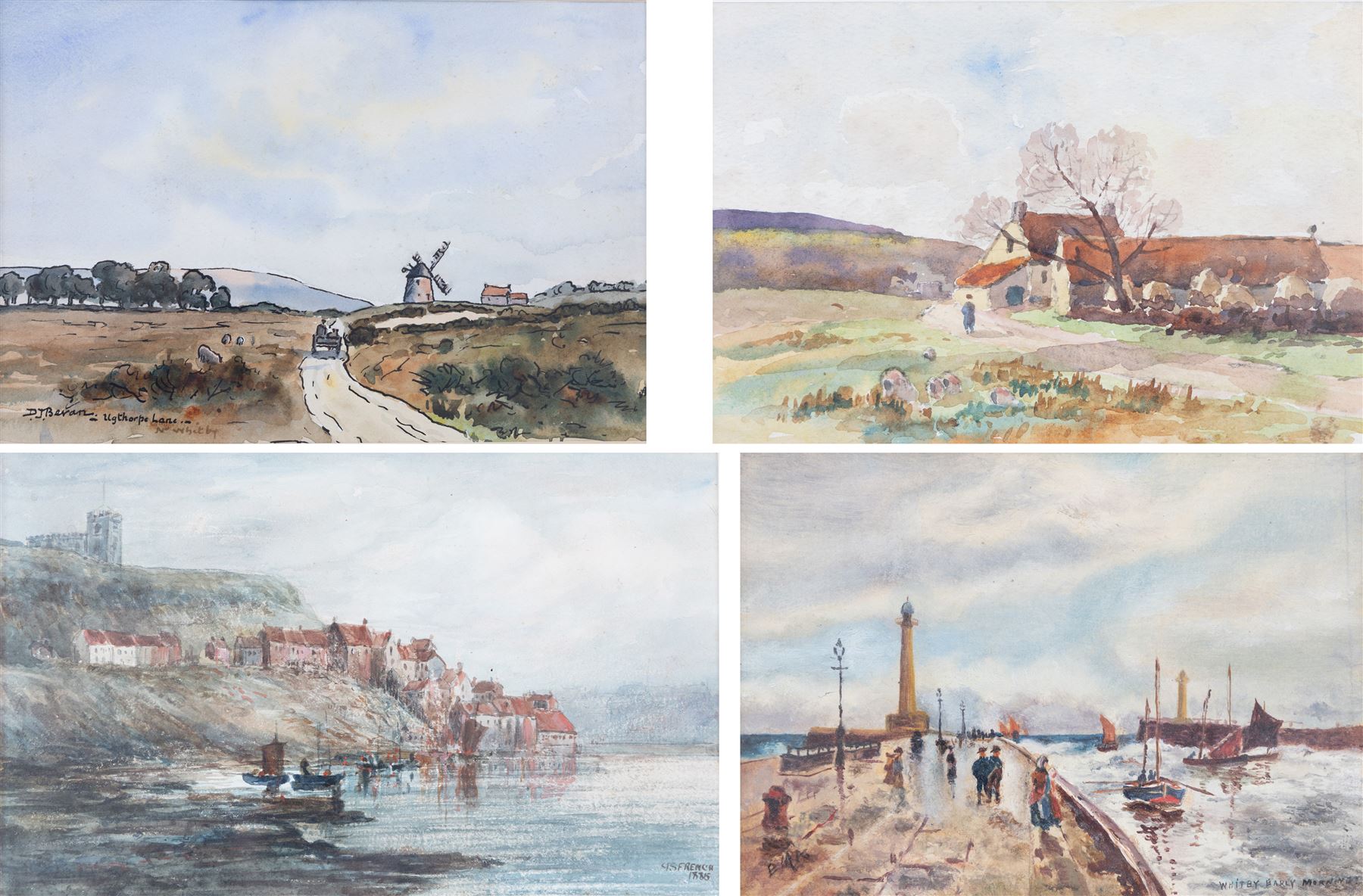 George Scarth French (British fl.1894-1910): View of Whitby, watercolour signed and dated 1885, 15cm x 24cm; together with another of 'Whitby Early Morning' signed with initials EMA, 10.5cm x 15cm and two others of Ugthorpe Lane, near Whitby, max 17cm x 25cm (4)