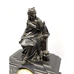 Parisian mantle clock in a Belgium slate case depicting a seated scholar in contemplation, break front case on a deep moulded plinth with inlaid panels of variegated marble, eight-day twin train countwheel striking movement striking the hours and half hours on a bell, with a white enamel dial, Roman numerals and minute markers, steel moon hands within a cast brass bezel with a flat bevelled glass. With pendulum  


