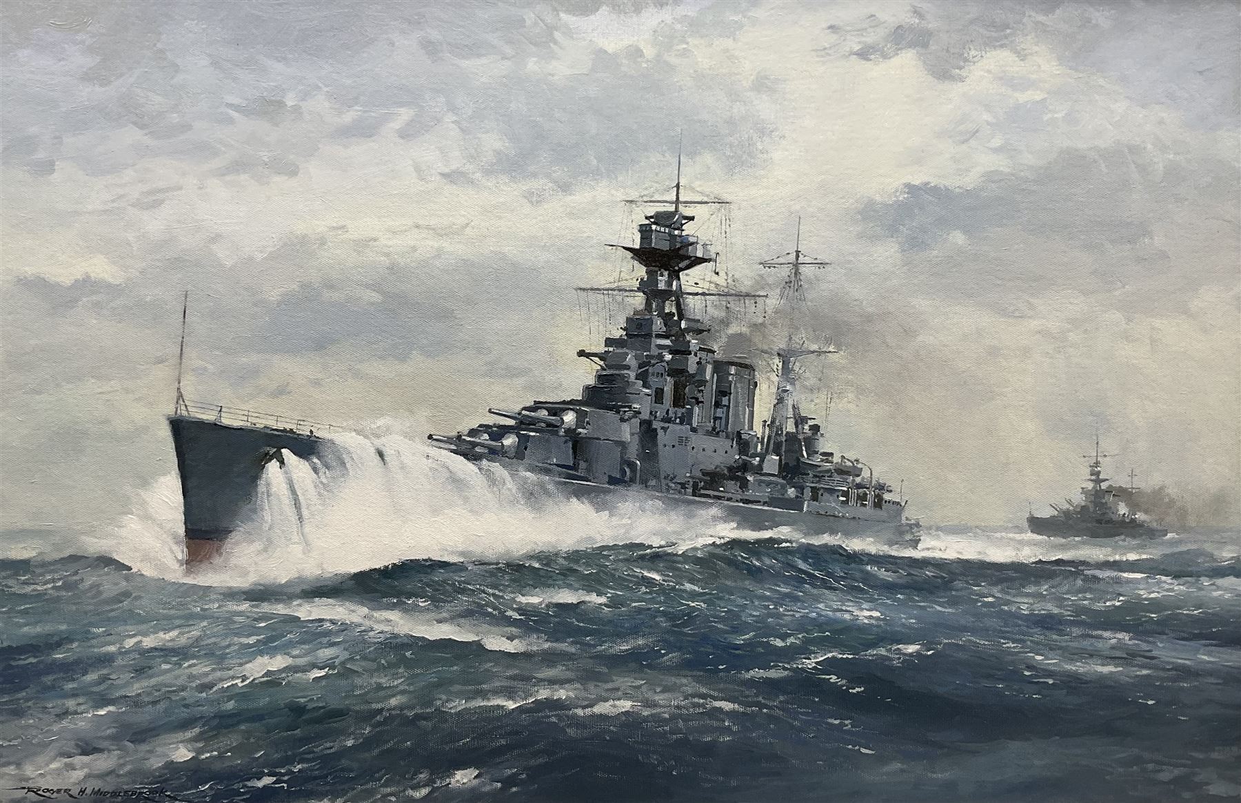 Roger H Middlebrook (British 1929 -): 'HMS Hood in Heavy Seas in the Atlantic', oil on board signed, titled verso 49cm x 74cm 